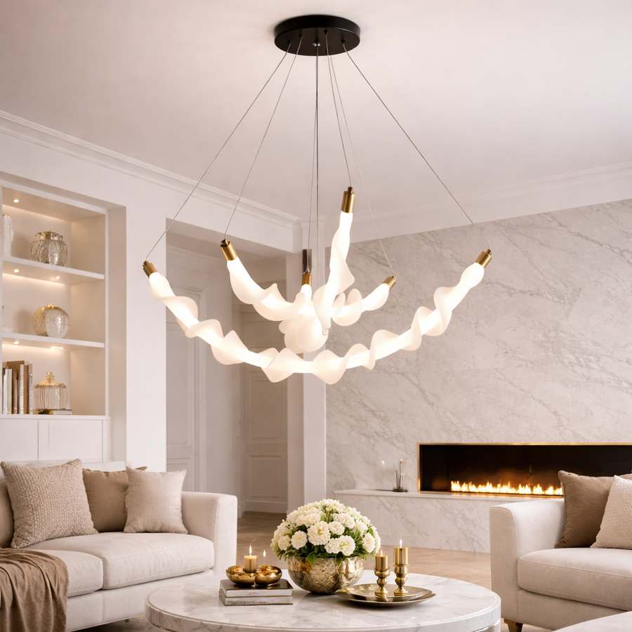 Závesný akrylový LED luster LT760/3GD, 48W, teplé/neutrálne/studené svetlo 3000/4000/6000K, biely, nastaviteľná výška, kov a akryl