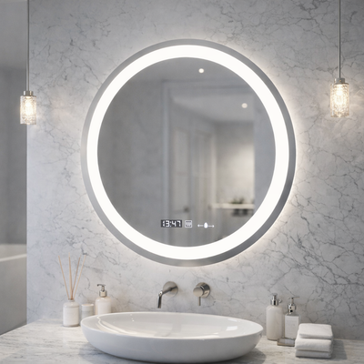 Okrúhle LED zrkadlo, 60 cm, Celeste MotionGlow Marcello, systém odhmlievania, hodiny a teplomer, stmievateľné, teplé neutrálne studené svetlo 3000K/4000K/6000K