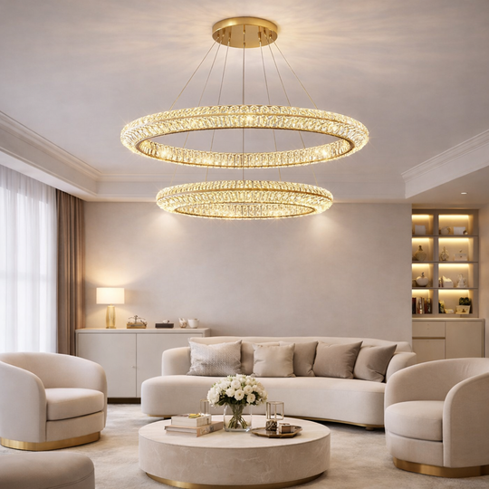 LED luster s diaľkovým ovládaním, LLC132/300GD, krištáľ a kov, 37W, 2 kruhy, stmievateľné, 3000K/4000K/6000K, Luxusné osvetlenie LED luster s diaľkovým ovládaním Predvolený názov Alessandro Design