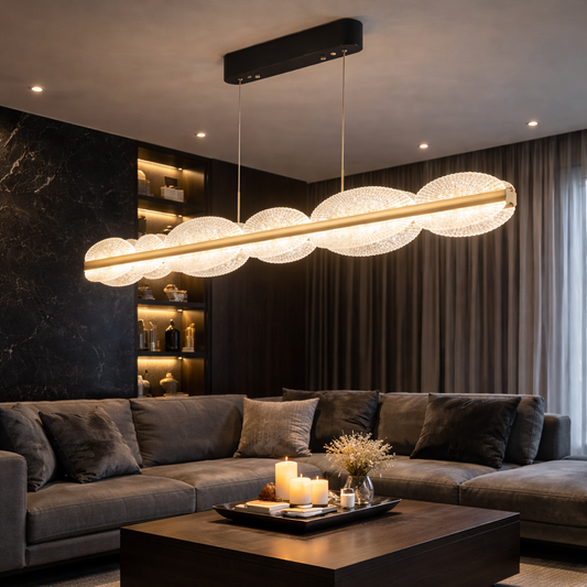 Závesný LED luster s diaľkovým ovládaním ISOTTA 105W, Studené/Teplé/Neutrálne svetlo 3000K/4000K/6000K, Stmievateľné, Nastaviteľná výška, Čierna a Strieborná, Kov a Krištáľ