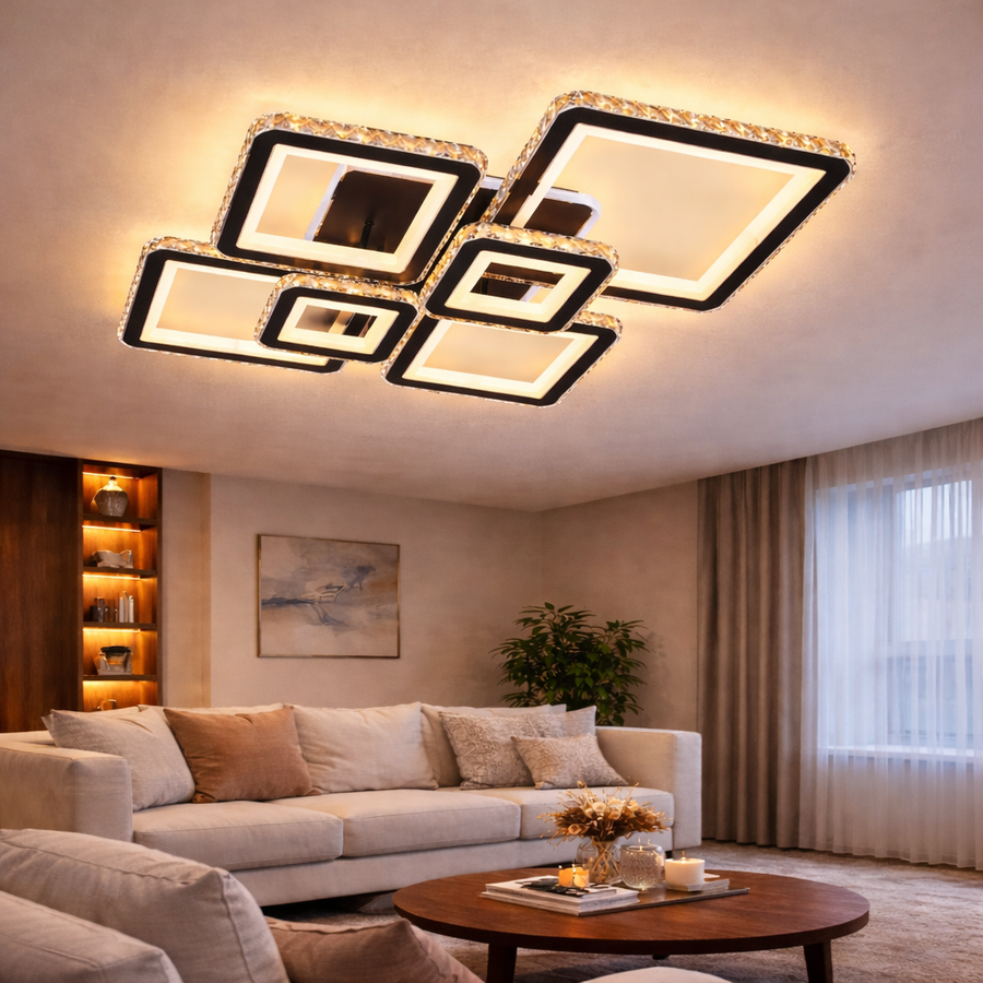 LED luster s diaľkovým ovládaním a kryštálom QUADRIS RGB 177W, 6 štvorcových, studené/teplé/neutrálne svetlo 3000K/4000K/6000K, Stmievateľné, Čierny, Kov a Kryštál