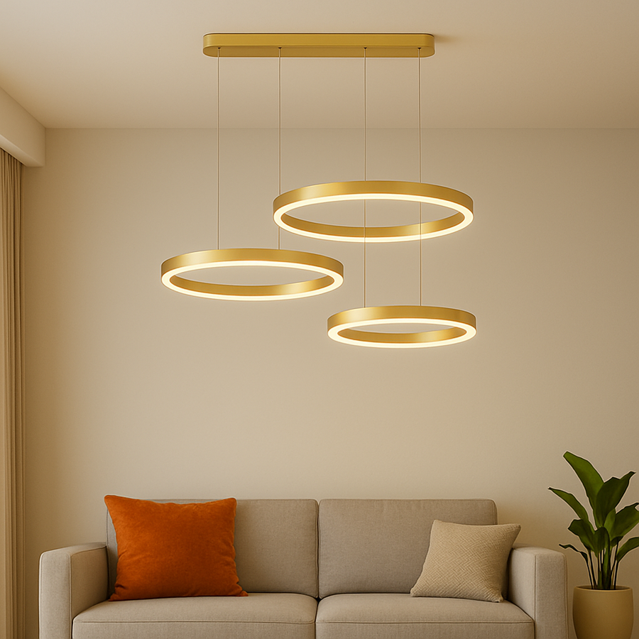 Závesný LED luster s diaľkovým ovládaním PERU 150W, 3 kruhy, Studené/Teplé/Neutrálne svetlo, Stmievateľné, Lesklý zlatý, Nastaviteľná výška