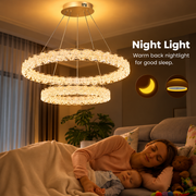 SHELP Crystal LED luster s diaľkovým ovládaním, 64 W, teplé/neutrálne/studené svetlo, Φ60 cm, nastaviteľná výška, kov a krištáľ, zlatá