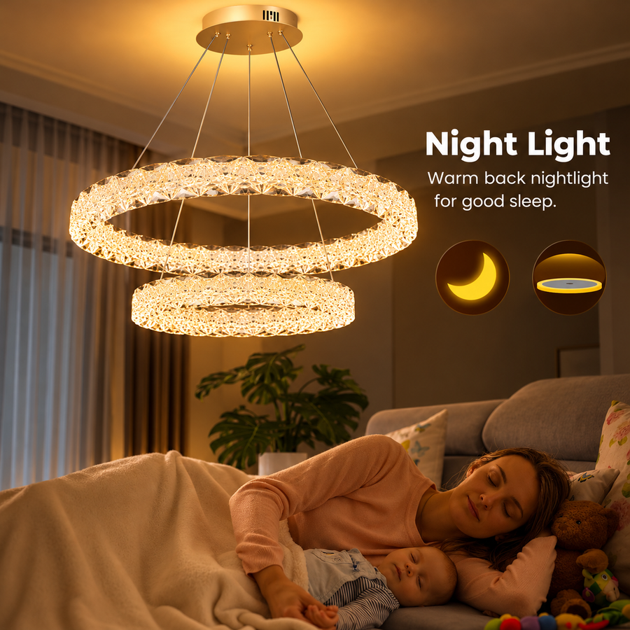 SHELP Crystal LED luster s diaľkovým ovládaním, 64 W, teplé/neutrálne/studené svetlo, Φ60 cm, nastaviteľná výška, kov a krištáľ, zlatá