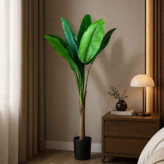 Umelá rastlina banánovníka, 130 cm, 6 listov, zelená, s črepníkom