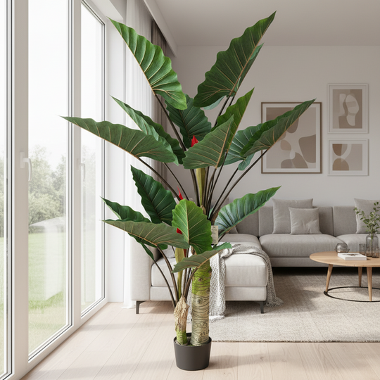 Umelá rastlina Alocasia so širokými listami, 2 kmene, 190 cm, zelená