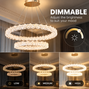SHELP Crystal LED luster s diaľkovým ovládaním, 64 W, teplé/neutrálne/studené svetlo, Φ60 cm, nastaviteľná výška, kov a krištáľ, zlatá