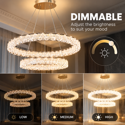 SHELP Crystal LED luster s diaľkovým ovládaním, 64 W, teplé/neutrálne/studené svetlo, Φ60 cm, nastaviteľná výška, kov a krištáľ, zlatá