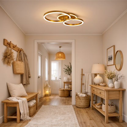 LED luster s diaľkovým ovládaním RINOVA 66W, 2 kruhy, studené/teplé/neutrálne svetlo, stmievateľné, lesklé zlato