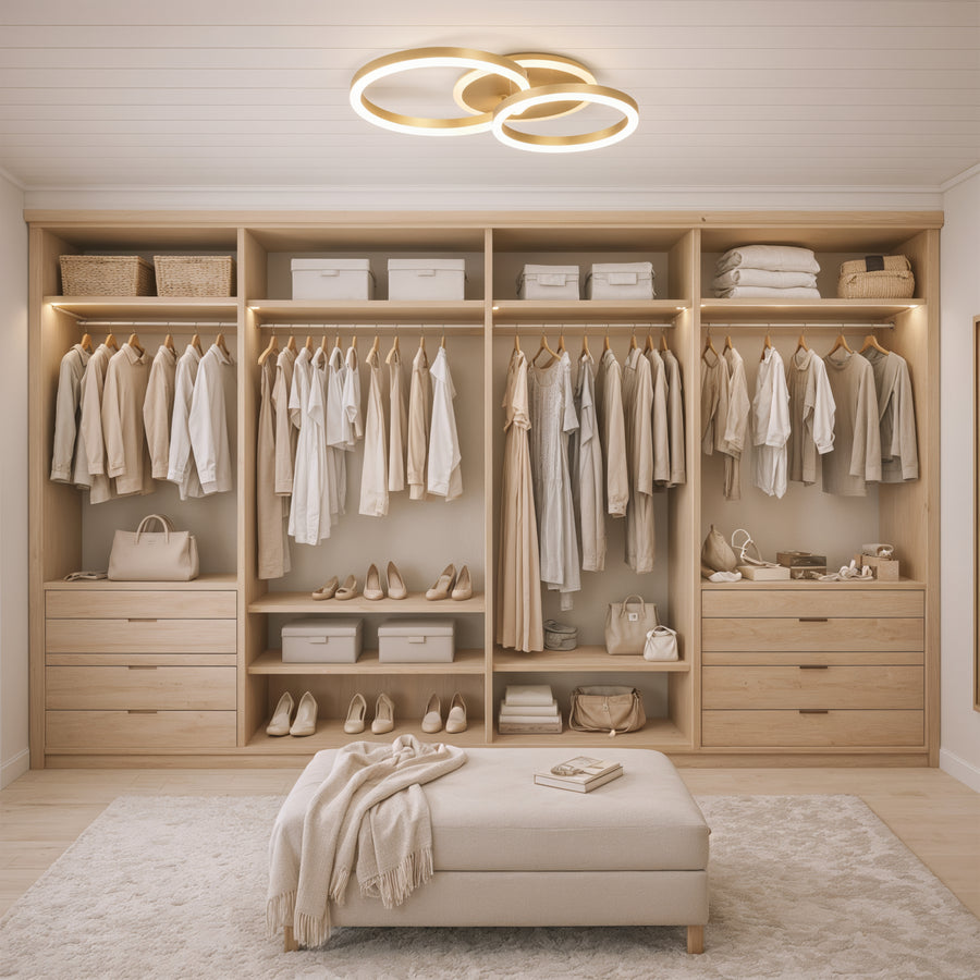 LED luster s diaľkovým ovládaním RINOVA 66W, 2 kruhy, studené/teplé/neutrálne svetlo, stmievateľné, lesklé zlato