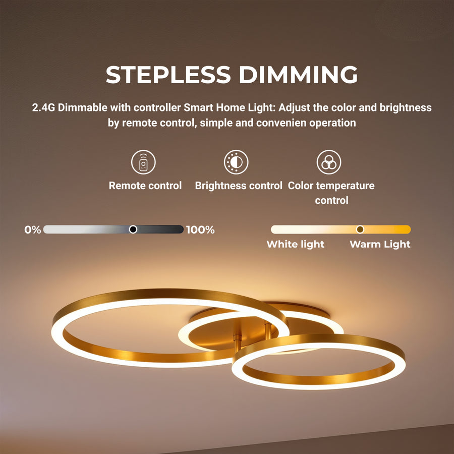 LED luster s diaľkovým ovládaním RINOVA 66W, 2 kruhy, studené/teplé/neutrálne svetlo, stmievateľné, lesklé zlato