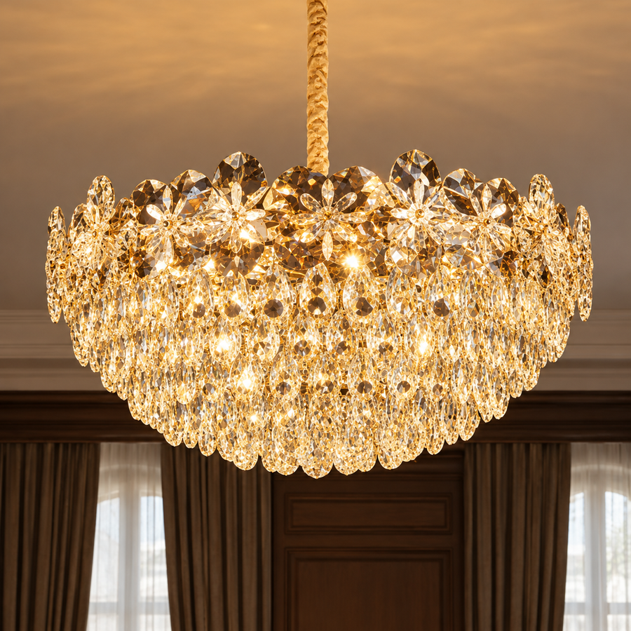 Krištáľový luster JARDIN Regalis 24xE14, Priemer 80cm, Výška 40cm, Lesklý zlatý, Nastaviteľná výška, Elegantný dizajn