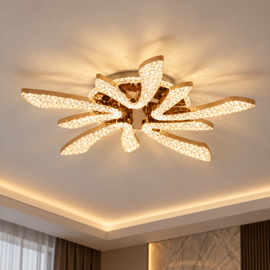 CHARM Magno LED luster s diaľkovým ovládaním a kryštálom, 68W, Ø59cm, 5 zdrojov, studené/teplé/neutrálne svetlo, stmievateľné, zlatá