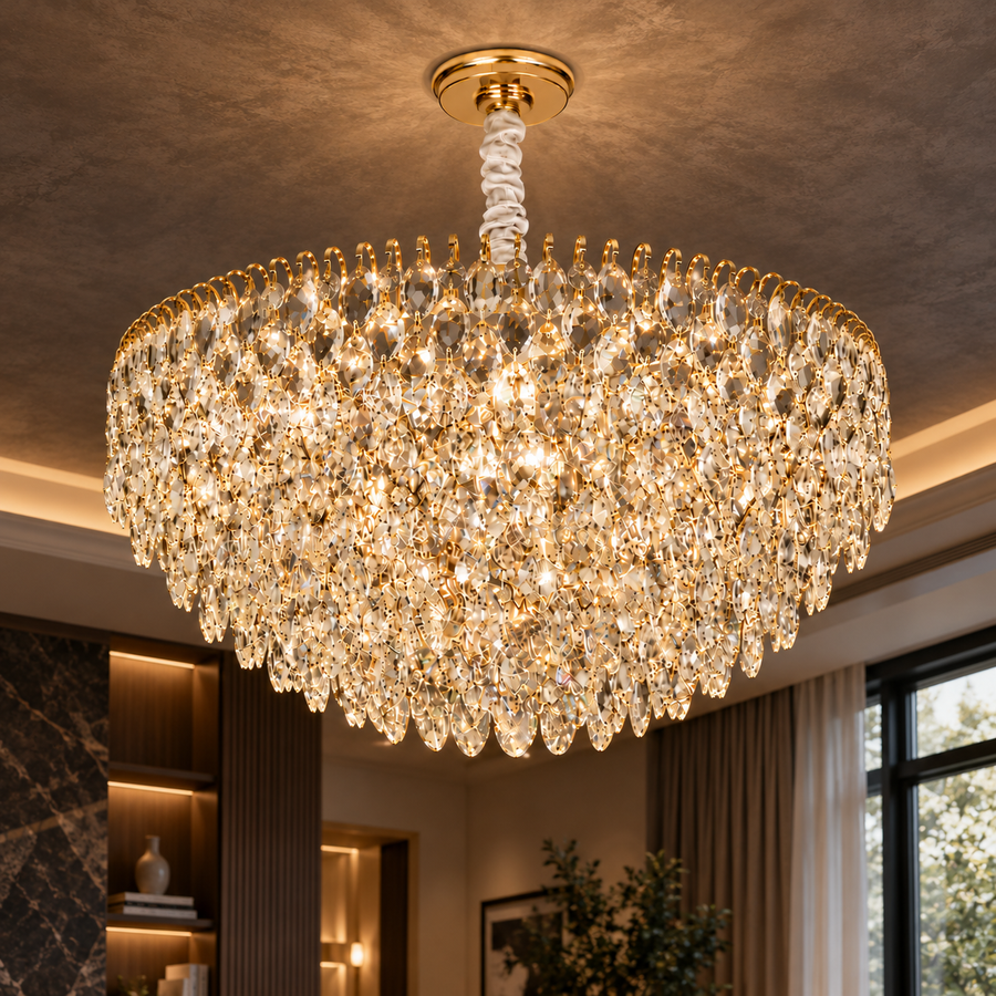 ERDENET Eleganza krištáľový luster, 9xE14, priemer 50 cm, kov a krištáľ, lesklé zlato, nastaviteľná výška
