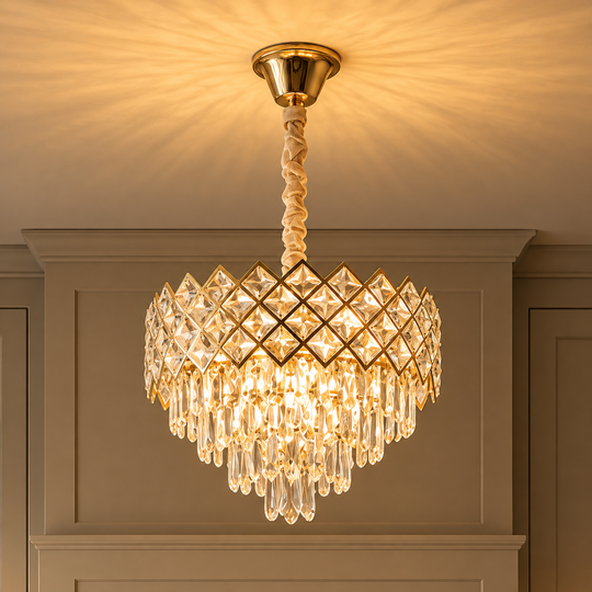 Krištáľový luster VECTORIA Eleganza 8xE14, priemer 48 cm, zlatý, nastaviteľná výška, kov a krištáľ