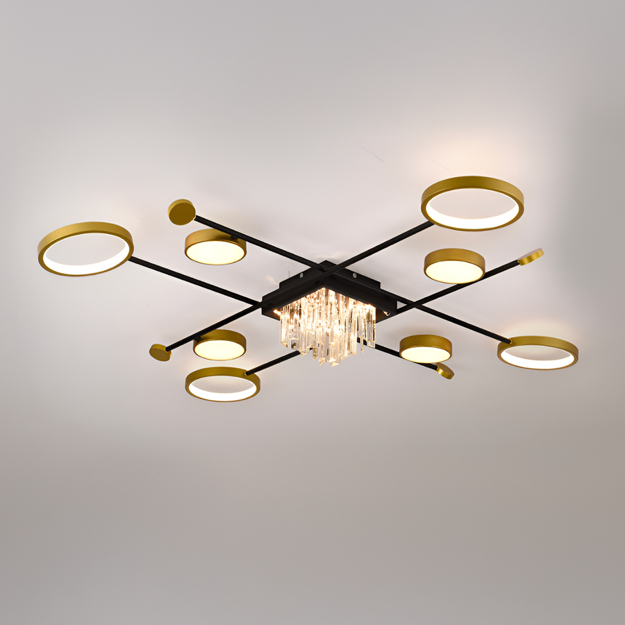 Lustra LED cu telecomanda si cristal GUIDA 46W, 8 Elemente, lumina Rece/Calda/Neutra, Dimabila, Negru Auriu