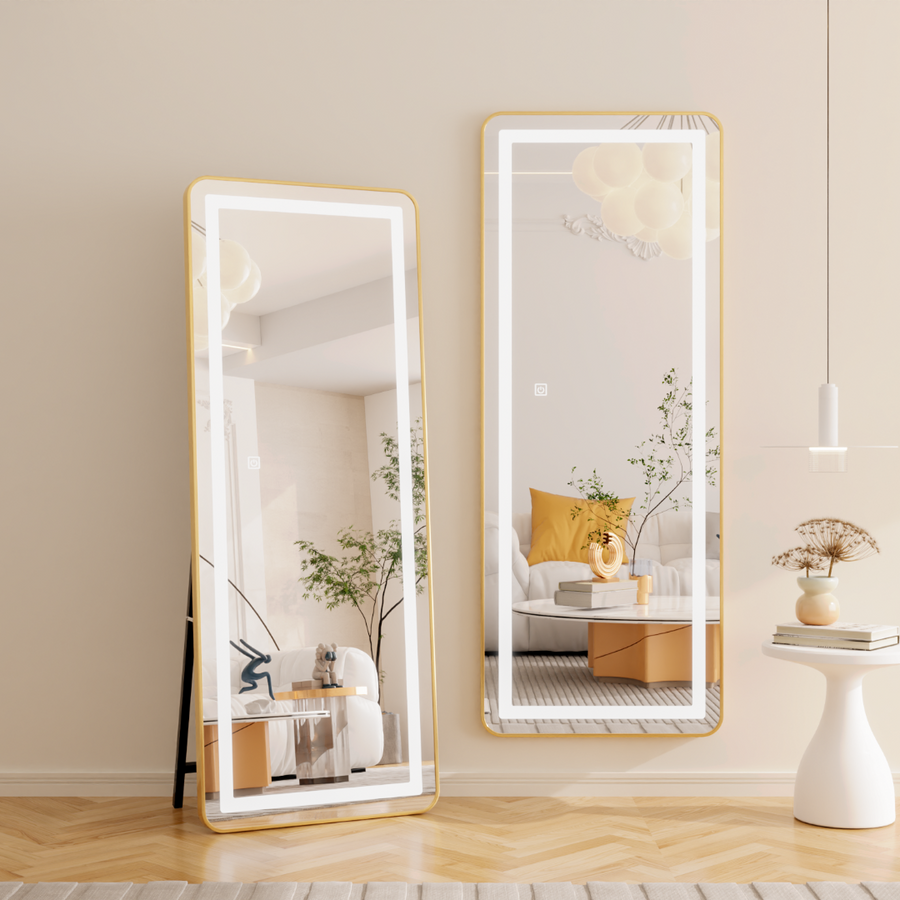Obdĺžnikové LED zrkadlo, zlatý rám, 50x160 cm, stmievateľné, studené/teplé/neutrálne svetlo, župan