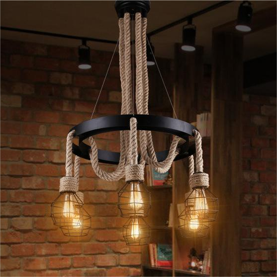 Luster kolesa, 3*E27, hnedý, kov a povraz
