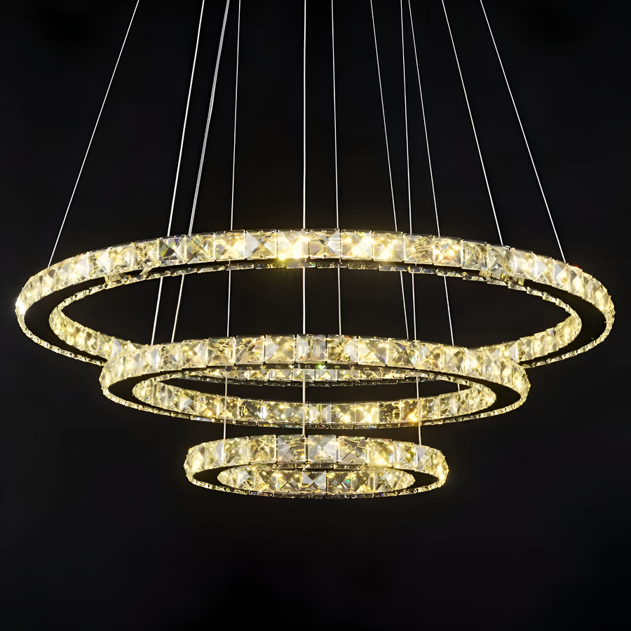 LED LED LUD LUMINIS, 78W, kryštál a kov, 3 kruhy, smotabilná, nastaviteľná výška, studené/horúce/neutrálne svetlo, luxusné osvetlenie