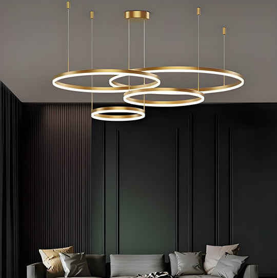 Závesný LED luster s diaľkovým ovládaním LT813/4GD 139W, 4 kruhy, studené/teplé/neutrálne svetlo, stmievateľné, zlatý, výškovo nastaviteľný LED luster s diaľkovým ovládaním Predvolený názov Alessandro Design