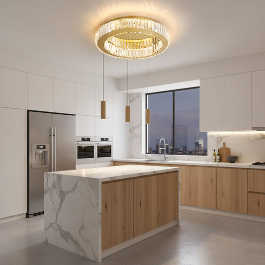 LED luster s diaľkovým ovládaním a krištáľom VERTUS 31W, 50cm, Kruh, Studené/Teplé/Neutrálne svetlo, Stmievateľné, Zlatý