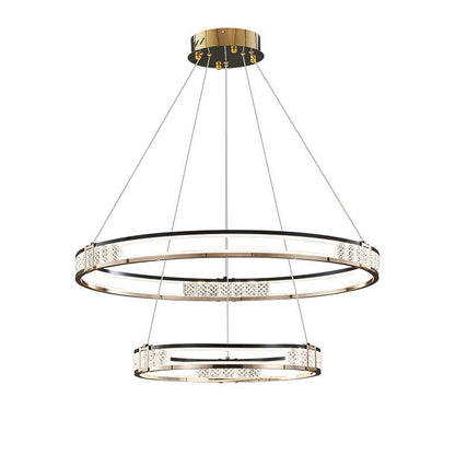 Závesný LED luster s diaľkovým ovládaním a krištáľom ROGER 100W, 2 kruhy, studené/teplé/neutrálne svetlo, stmievateľné, lesklé zlaté, nastaviteľná výška