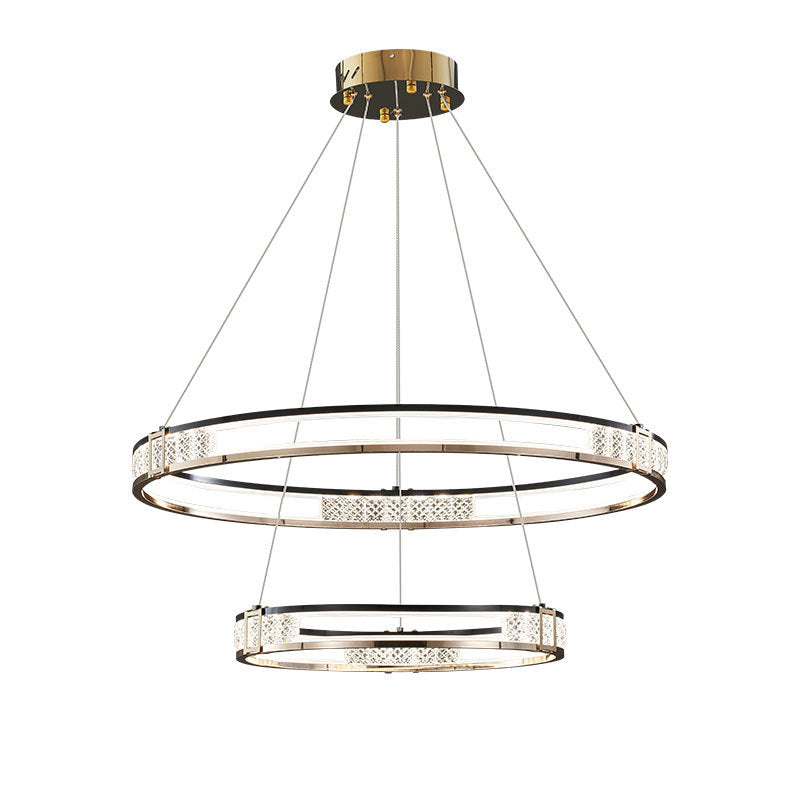 Závesný LED luster s diaľkovým ovládaním a krištáľom ROGER 100W, 2 kruhy, studené/teplé/neutrálne svetlo, stmievateľné, lesklé zlaté, nastaviteľná výška