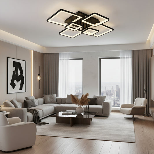 LED luster s diaľkovým ovládaním ELLA 120W, 6 štvorcových, studené/teplé/neutrálne svetlo, stmievateľné, čierny, kov a akryl