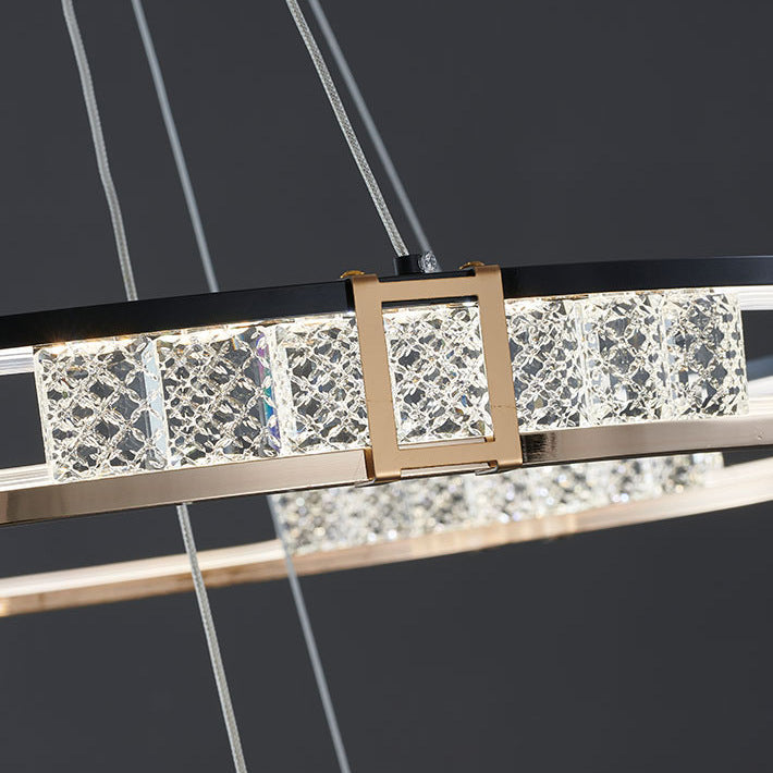 Závesný LED luster s diaľkovým ovládaním a krištáľom ROGER 100W, 2 kruhy, studené/teplé/neutrálne svetlo, stmievateľné, lesklé zlaté, nastaviteľná výška