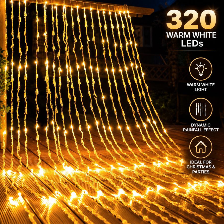 Vianočná inštalácia typu dážď, teplé svetlo, 300 x 300 cm, 320 LED