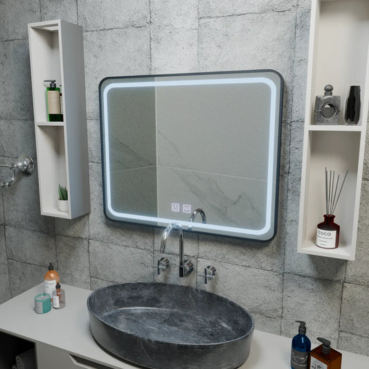 Zrkadlové LED obdĺžnikový 90x75cm hránový svetlý dotykový systém, čierny rám
