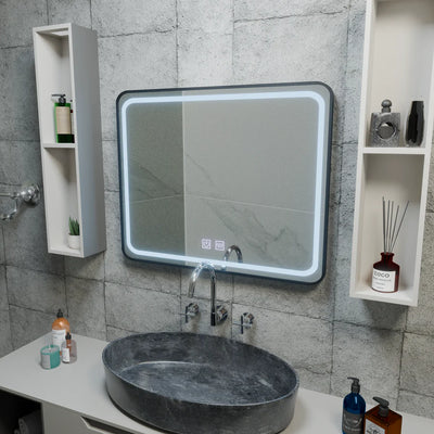 Zrkadlové LED obdĺžnikový 90x75cm hránový svetlý dotykový systém, čierny rám