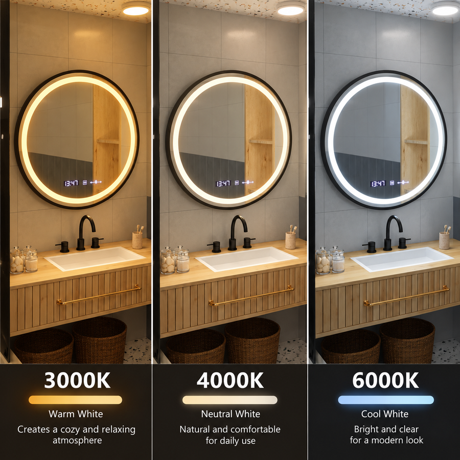 LED okrúhle zrkadlo, 100 cm, Celeste Majesté Noir MotionGlow Marcello, Demister System, Hodiny & Teplomer, Stmievateľné