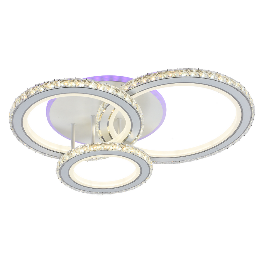 LED luster s diaľkovým ovládaním a krištáľom NOVA ROTONDA RGB 154W, 3 kruhy, Studené/Teplé/Neutrálne svetlo, Stmievateľné, Biely
