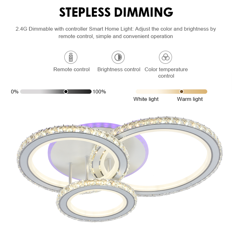 LED luster s diaľkovým ovládaním a krištáľom NOVA ROTONDA RGB 154W, 3 kruhy, Studené/Teplé/Neutrálne svetlo, Stmievateľné, Biely