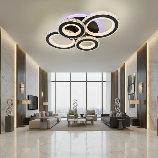 LED luster s diaľkovým ovládaním a krištáľom NOVA ROTONDA RGB 82W, 4 kruhy, studené/teplé/neutrálne svetlo, stmievateľné, čierne LED lustre s diaľkovým ovládaním Predvolený názov Alessandro Design