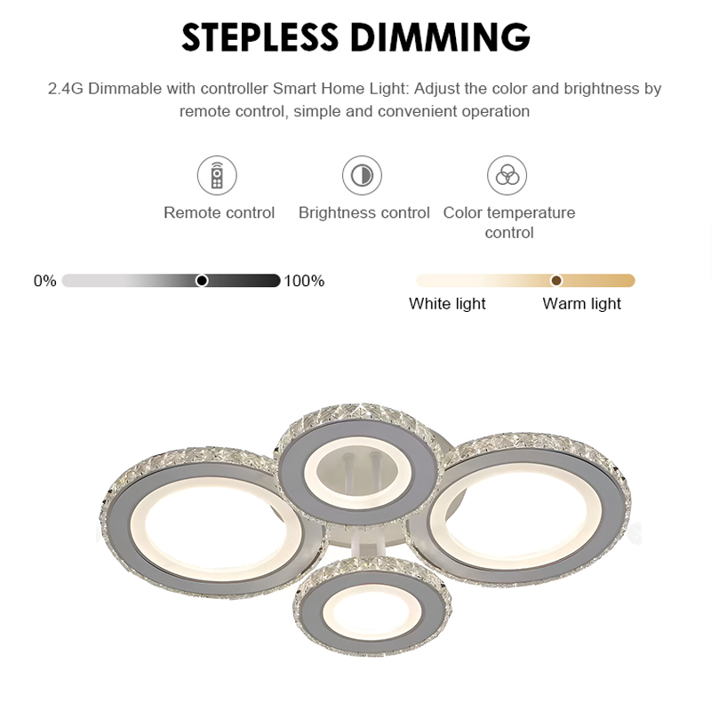 LED luster s diaľkovým ovládaním a krištáľom NOVA ROTONDA RGB 86W, 4 kruhy, studené/teplé/neutrálne svetlo, stmievateľné, biela