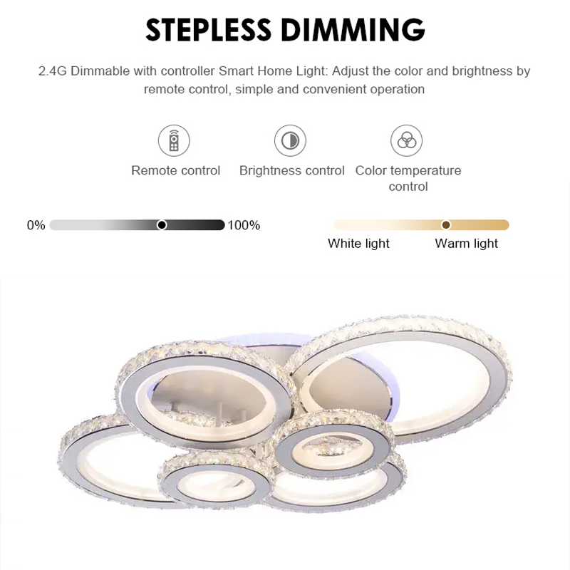 LED luster s diaľkovým ovládaním a krištáľom NOVA ROTONDA RGB 154W, 6 kruhov, studené/teplé/neutrálne svetlo, stmievateľné, biela