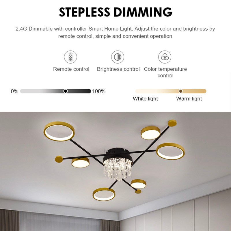 LED luster s diaľkovým ovládaním a krištáľovým GUIDA 38W, 6 prvkov, studené/teplé/neutrálne svetlo, stmievateľné, čierne zlato