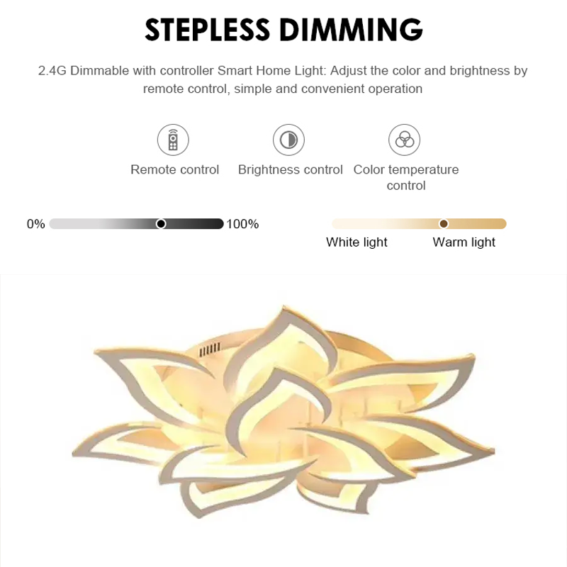 LED luster s diaľkovým ovládaním LOTUS 92W, 9 okvetných lístkov, studené/teplé/neutrálne svetlo, stmievateľné, biela