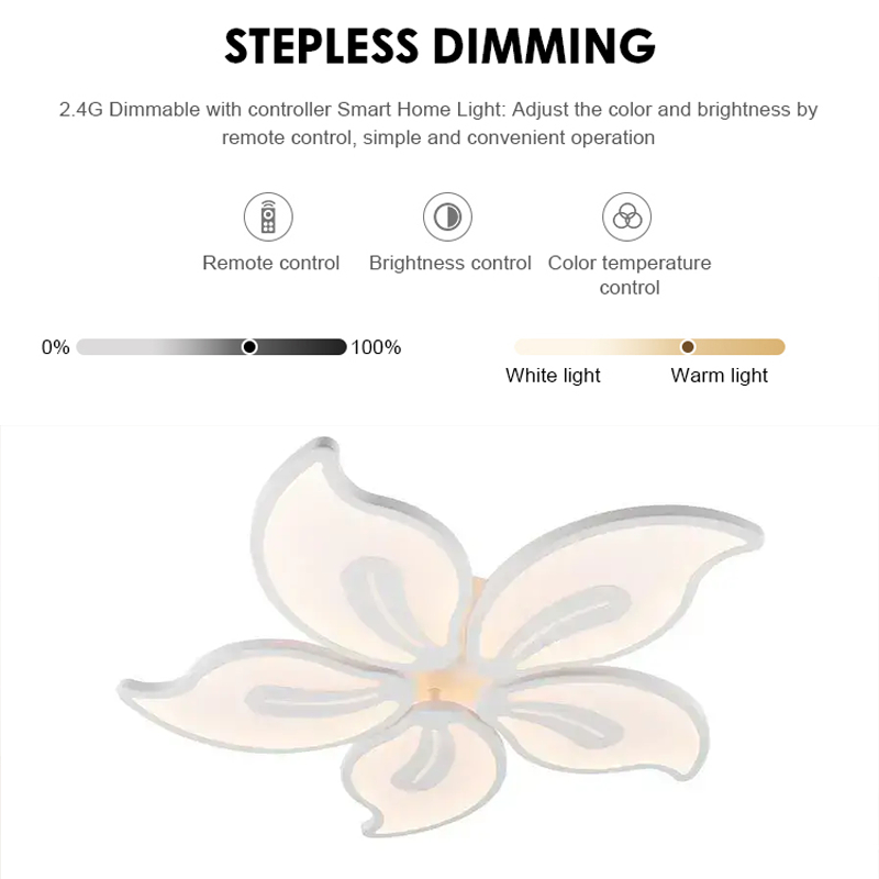 LED luster s diaľkovým ovládaním JASMINE 66W, 5 okvetných lístkov, studené/teplé/neutrálne svetlo, stmievateľné, biela