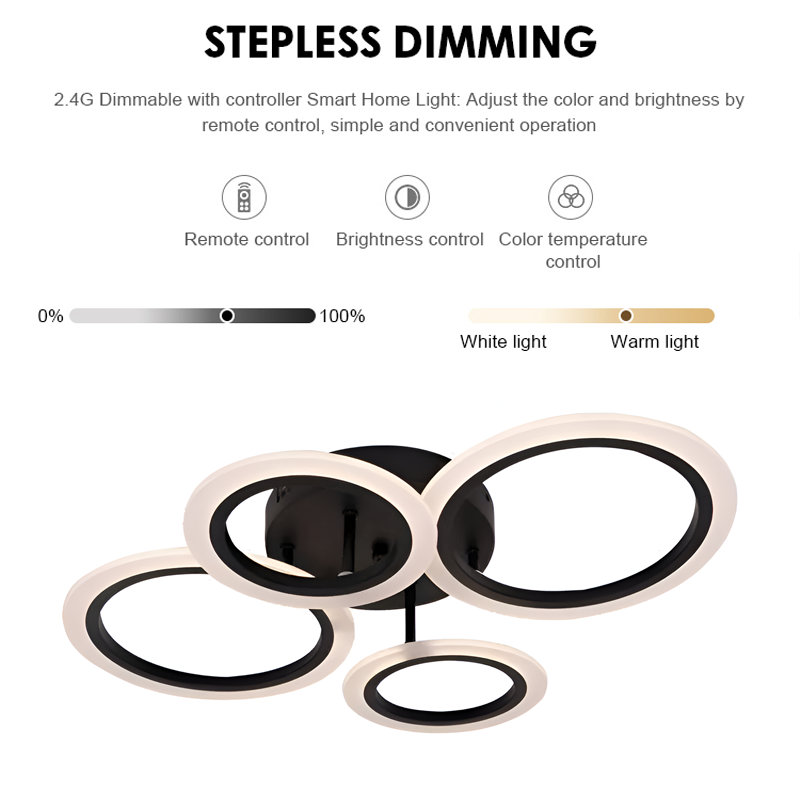 LED luster s diaľkovým ovládaním BETTY 44W, 4 kruhy, studené/teplé/neutrálne svetlo, stmievateľné, čierny