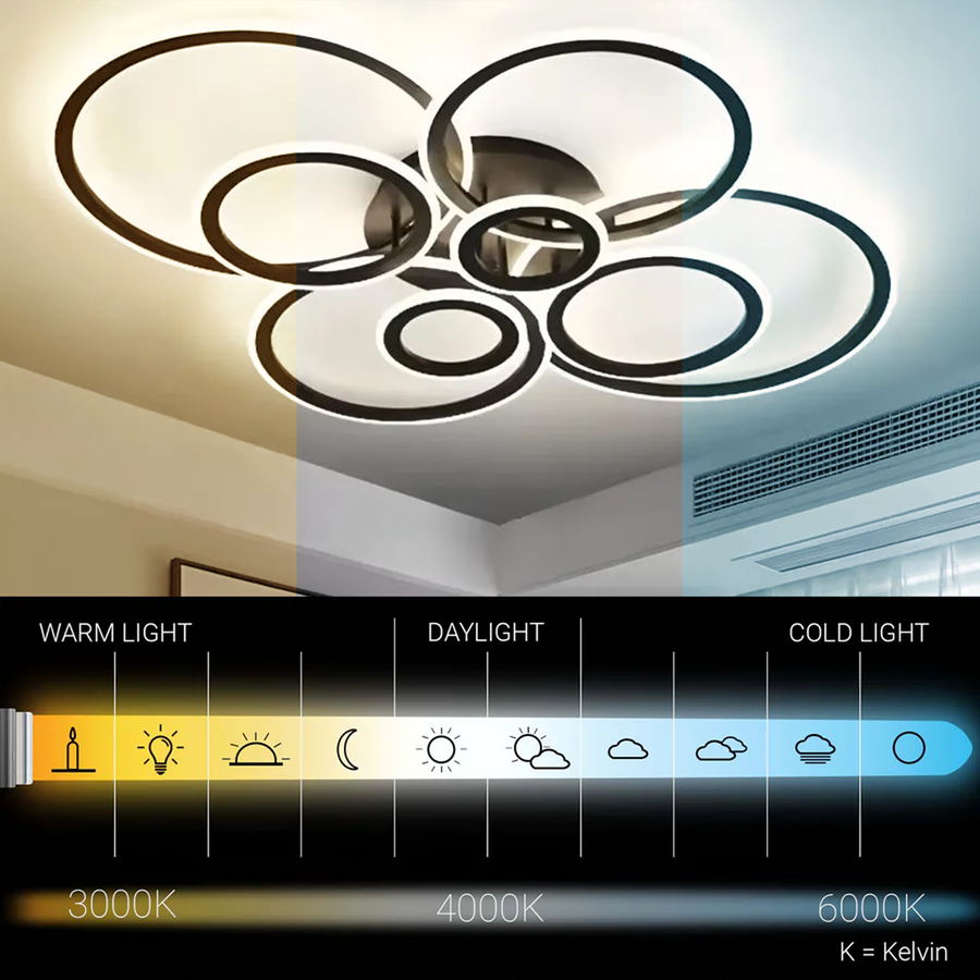LED luster s diaľkovým ovládaním BETTY 130W, 8 kruhov, studené/teplé/neutrálne svetlo, stmievateľné, čierny
