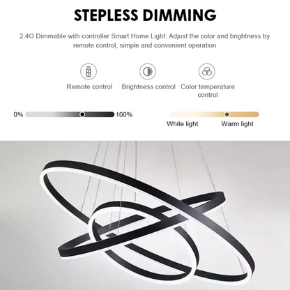 Závesný LED luster s diaľkovým ovládaním CASIANA 84W, 3 kruhy, studené/teplé/neutrálne svetlo, stmievateľné, čierny, výškovo nastaviteľný