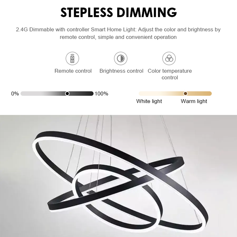 Závesný LED luster s diaľkovým ovládaním CASIANA 84W, 3 kruhy, studené/teplé/neutrálne svetlo, stmievateľné, čierny, výškovo nastaviteľný