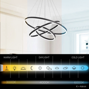 Závesný LED luster s diaľkovým ovládaním CASIANA 84W, 3 kruhy, studené/teplé/neutrálne svetlo, stmievateľné, čierny, výškovo nastaviteľný