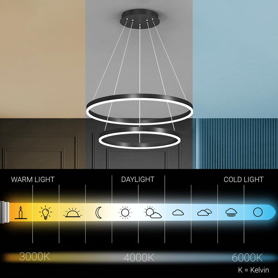 Závesný LED luster s diaľkovým ovládaním CASIANA 41W, 2 kruhy, studené/teplé/neutrálne svetlo, stmievateľné, čierny, výškovo nastaviteľný