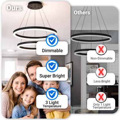 Závesný LED luster s diaľkovým ovládaním CASIANA 40W, 2 kruhy, studené/teplé/neutrálne svetlo 3000K/4000K/6000K, stmievateľné, čierny, nastaviteľná výška, kov a akryl