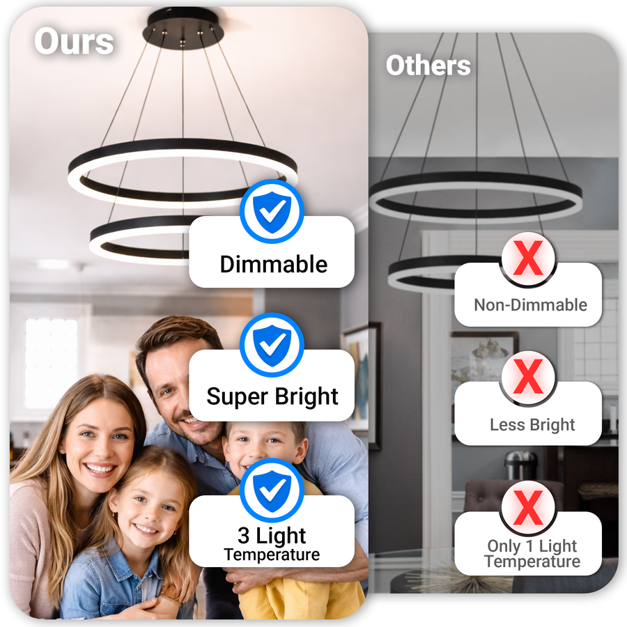 Závesný LED luster s diaľkovým ovládaním CASIANA 40W, 2 kruhy, studené/teplé/neutrálne svetlo 3000K/4000K/6000K, stmievateľné, čierny, nastaviteľná výška, kov a akryl