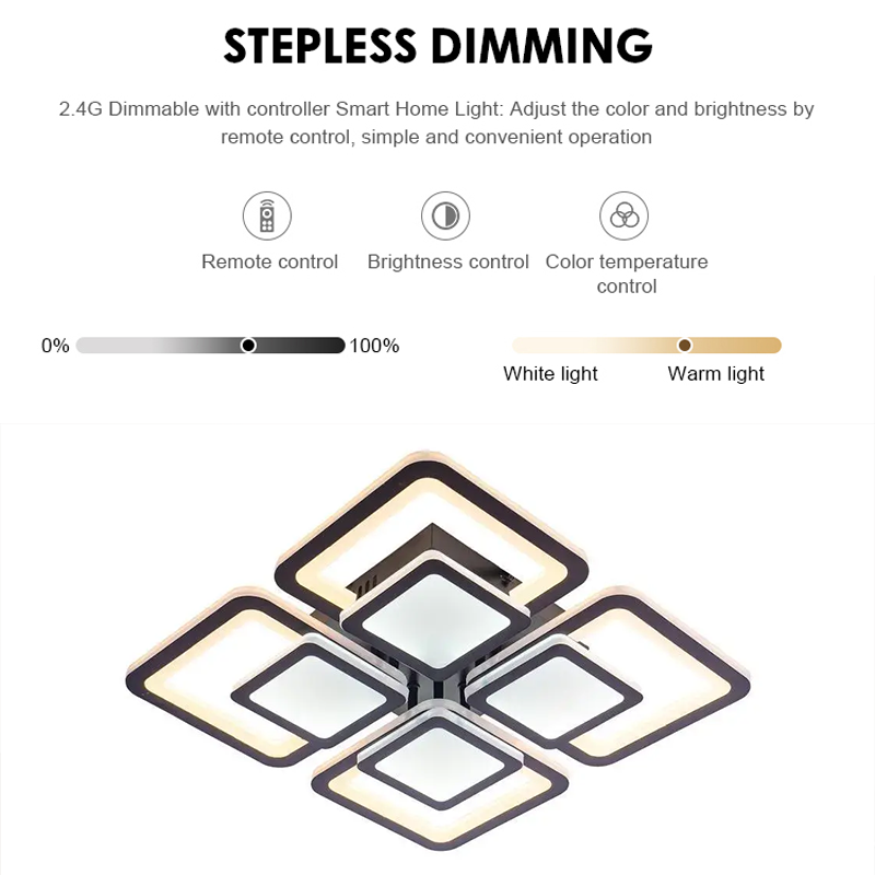 LED luster s diaľkovým ovládaním SUSAN 96W, 4 štvorce, studené/teplé/neutrálne svetlo, stmievateľné, čierny